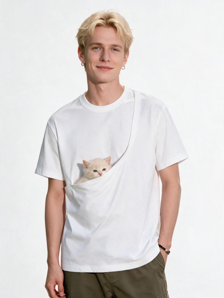 Man wearing Q-T Paw shirt with kitten in the front pouch