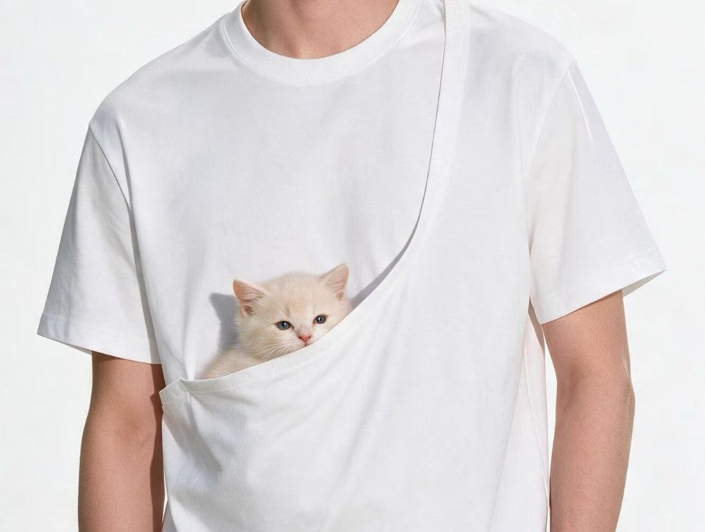White cat carrier shirt with kitten in front pouch